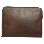 dark brown leather laptop sleeve or document folder with a wrap-around zipper