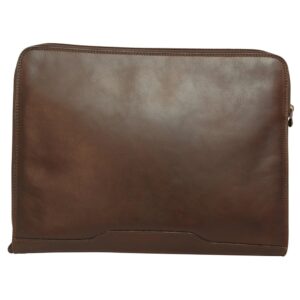 dark brown leather laptop sleeve or document folder with a wrap-around zipper