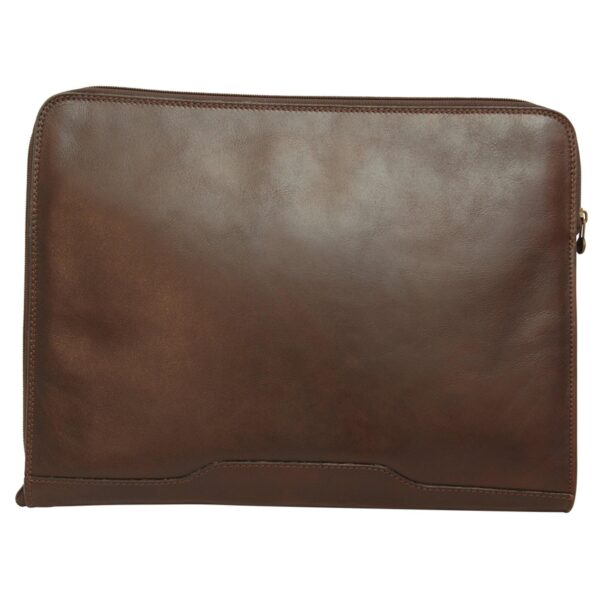 dark brown leather laptop sleeve or document folder with a wrap-around zipper