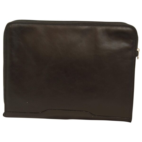 Front view of a smooth black leather document folder or laptop sleeve with a wrap-around zipper