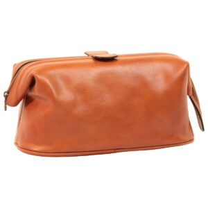 Front view of a closed tan leather toiletry bag, featuring a central zipper with leather pull tabs and a structured rectangular silhouette with a smooth finish.
