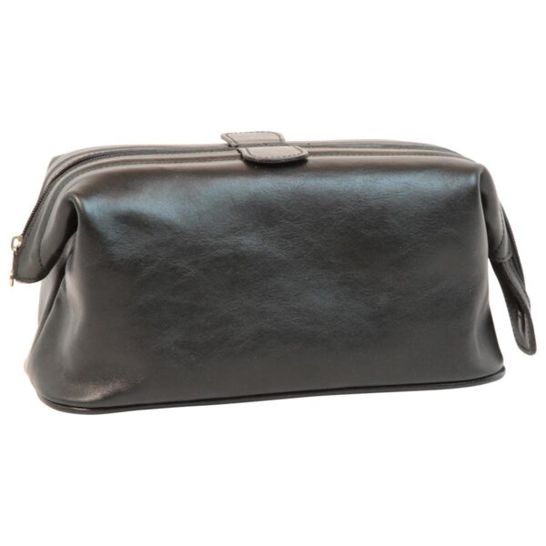 Front view of a closed black leather toiletry bag, featuring a central zipper with side-extending leather pull tabs and a structured rectangular silhouette with a subtle sheen.