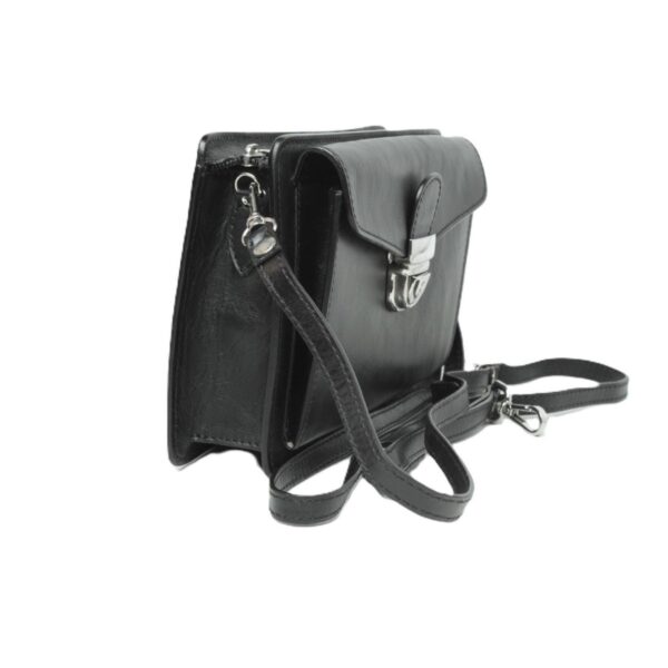 Side view of a black leather crossbody bag with a front flap, silver tuck lock, and thin detachable strap
