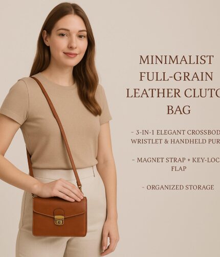 Minimalist full-grain leather clutch bag – elegant 3-in-1 crossbody, wristlet & handheld purse