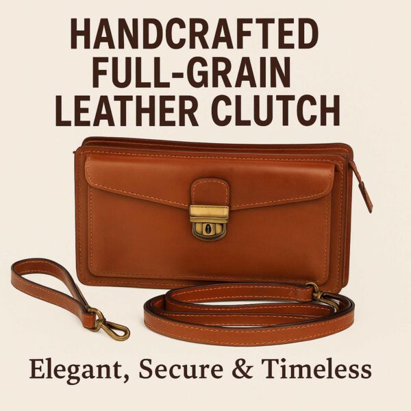 Product infographic for a tan handcrafted full-grain leather clutch with the text Elegant, Secure & Timeless