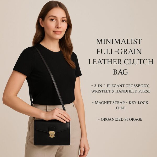 Lifestyle infographic: Woman holding a black minimalist leather crossbody clutch bag, featuring a key-lock flap.