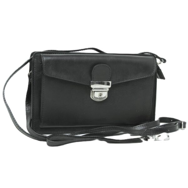 Front view of a black leather crossbody clutch bag with a silver tuck lock and thin leather shoulder strap