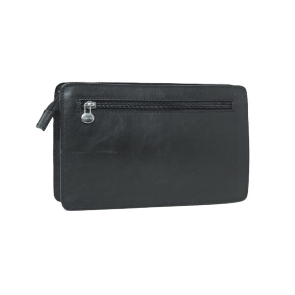 Front view of a black leather clutch bag with a silver horizontal zipper and minimalist design