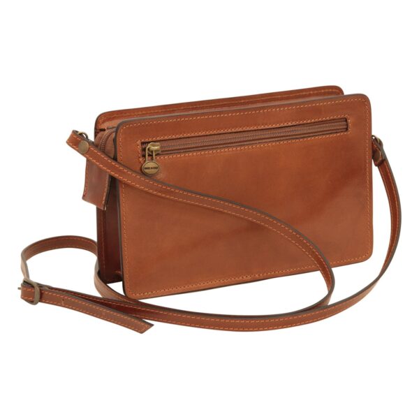 Three-quarter view of a tan leather crossbody bag with a long adjustable strap and a horizontal zippered front pocket