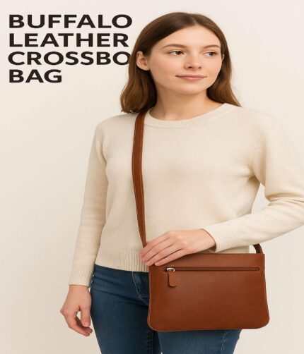 Buffalo leather crossbody bag – unisex minimalist satchel with adjustable strap and interior/exterior pockets
