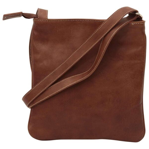 Brown leather crossbody messenger bag with adjustable shoulder strap and top zipper closure.