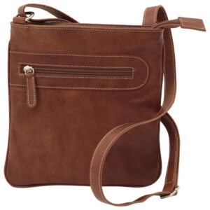 Tan leather crossbody bag with front zipper pocket and white stitching details.