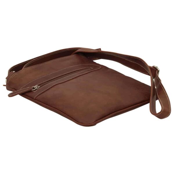 Brown leather crossbody bag with front zipper pocket and adjustable strap.