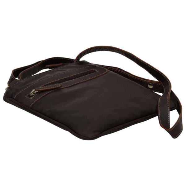 A slim, dark brown leather crossbody bag featuring a front zippered pocket and a matching adjustable shoulder strap with white contrast stitching.