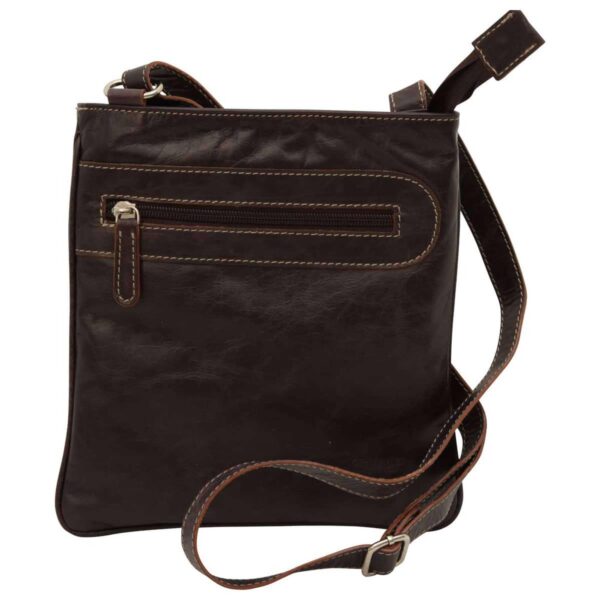 Dark brown leather crossbody messenger bag with an exterior zipper pocket and adjustable shoulder strap.