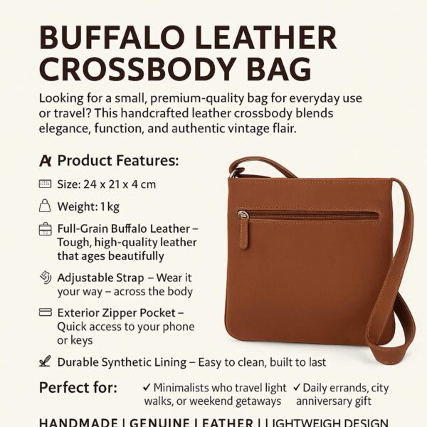 Buffalo leather crossbody bag in brown color with adjustable strap and front zipper pocket, compact size 24 x 21 x 4 cm, designed for everyday use and travel.