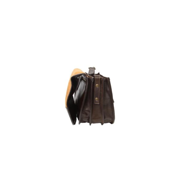 A side view of a dark brown leather crossbody bag with the flap partially open, showing the internal accordion-style compartments and brass stud details on the side strap attachment.