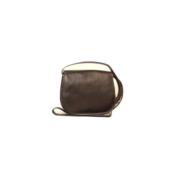 A dark brown, textured leather crossbody saddle bag with a rounded base and a front flap closure, featuring a thin matching leather strap against a white background.