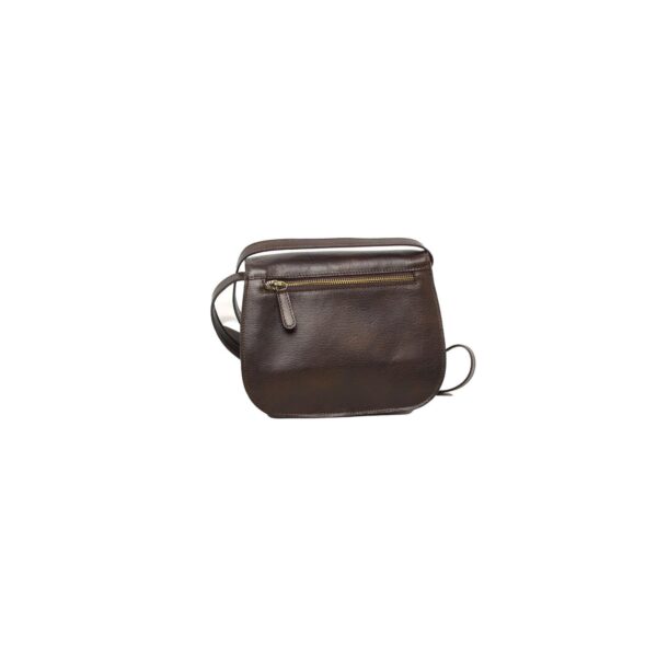 The back view of a dark brown, textured leather crossbody bag, featuring a horizontal zippered pocket with a matching leather pull tab and a slim adjustable shoulder strap.
