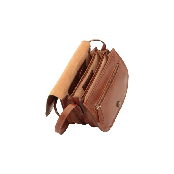 An open, tan leather crossbody bag shown from a high angle, revealing three internal compartments lined with light brown suede and a front zippered pocket under the flap.
