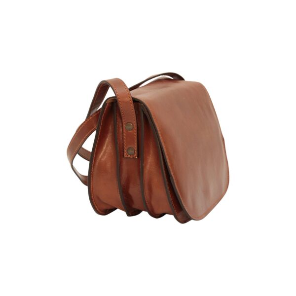 A side-view of a small, cognac-brown leather shoulder bag featuring an accordion-style design with rounded compartments. The bag includes a matching leather strap attached with bronze-toned rivets and a curved front flap that covers the main compartment.