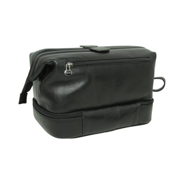 A closed black leather toiletry bag featuring a structured "doctor bag" design with multiple compartments, including a front zippered pocket and a separate zippered base. The bag is shown from a three-quarter angle, highlighting its smooth leather texture and silver-tone hardware.