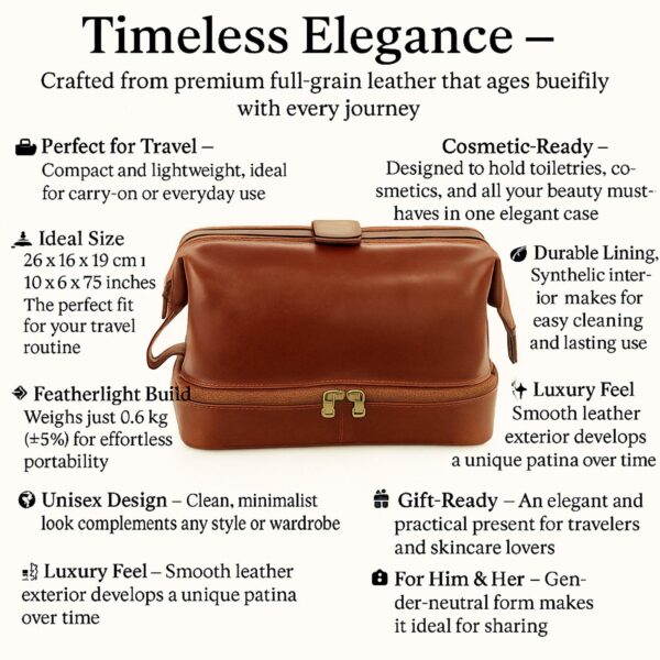 Brown leather travel toiletry bag with zipper closure, showcasing premium full-grain texture, compact design, and elegant minimalist style, surrounded by product features and specifications.