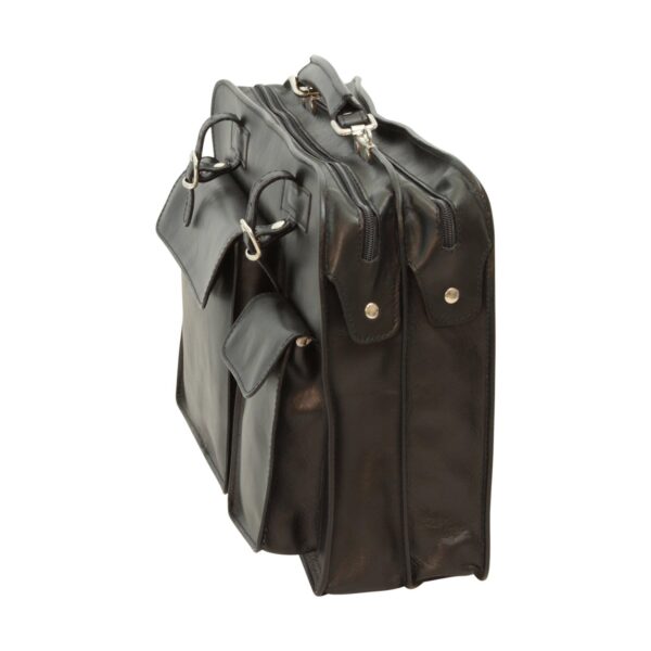 Side view of a black leather multi-compartment messenger bag featuring two front utility pockets with flaps and silver buckle details