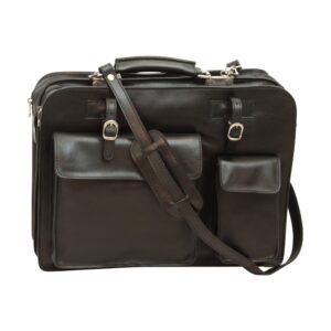 Front view of a professional black leather messenger bag with two buckled front pockets and a matching leather shoulder strap