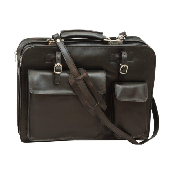 Front view of a professional black leather messenger bag with two buckled front pockets and a matching leather shoulder strap