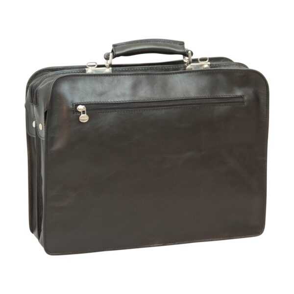 Front view of a black leather messenger bag featuring multiple zippered compartments, silver metal hardware, and a reinforced top handle