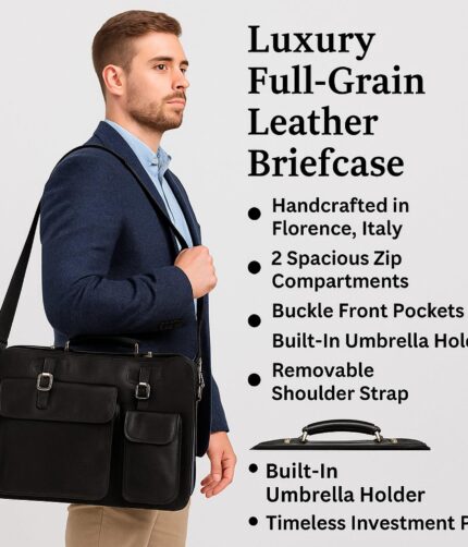 Luxury Florentine Leather Briefcase – Handmade in Italy with two spacious compartments and premium leather lining