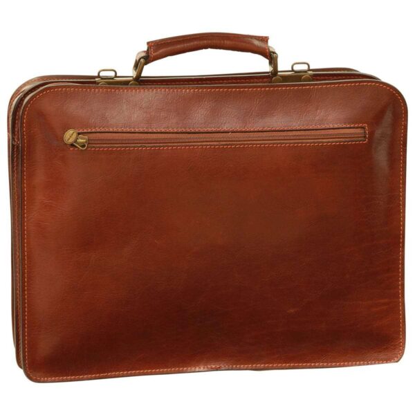 Front view of a classic brown leather messenger bag with a horizontal zippered pocket, multiple internal compartments, and brass hardware