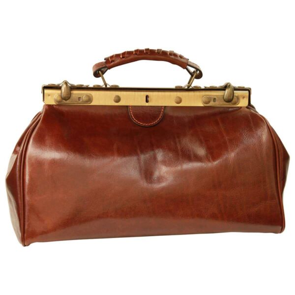 A classic, vintage-style brown leather doctor's bag isolated on a white background, featuring a wide brass-toned metal frame opening and a reinforced leather top handle with decorative stitching.
