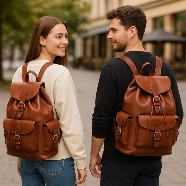 A lifestyle photo of a man and a woman walking down a city street, both wearing the cognac-brown leather backpack. They are looking at each other and smiling, demonstrating the bag's unisex appeal and classic style in an urban setting.