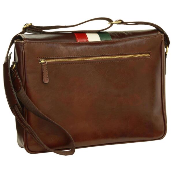 A rear view of the dark brown leather messenger bag, highlighting a horizontal zippered back pocket and the red, white, and green Italian-style stripe on the top flap.