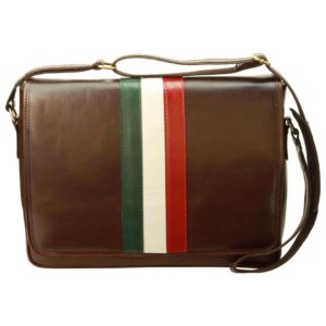 A front-facing studio shot of a dark brown leather messenger bag with a large top flap, featuring a bold vertical tri-color stripe in green, white, and red across the center and an adjustable shoulder strap.