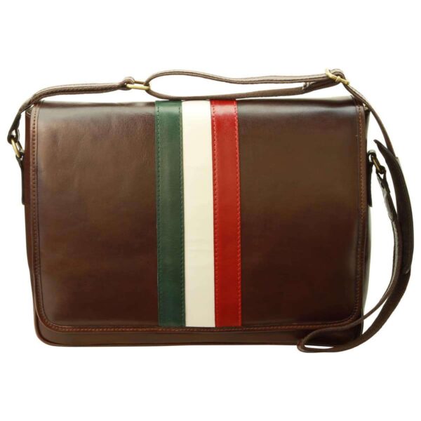 A front-facing studio shot of a dark brown leather messenger bag with a large top flap, featuring a bold vertical tri-color stripe in green, white, and red across the center and an adjustable shoulder strap.
