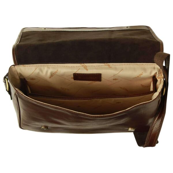 An overhead view looking into the open main compartment of the dark brown leather messenger bag, showing the organized interior with a large divider and the "Made in Italy" patterned beige lining.