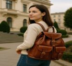 Luxury full-grain calfskin leather backpack – handcrafted Italian design, with magnetic clasp, buckled pockets, and adjustable straps for work, study, and travel.