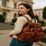 Luxury full-grain calfskin leather backpack – handcrafted Italian design, with magnetic clasp, buckled pockets, and adjustable straps for work, study, and travel.