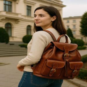 Luxury full-grain calfskin leather backpack – handcrafted Italian design, with magnetic clasp, buckled pockets, and adjustable straps for work, study, and travel.