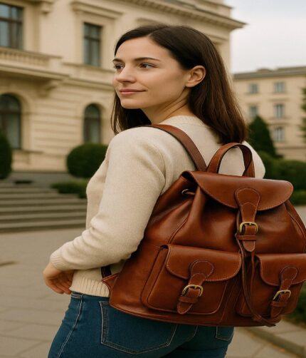 Luxury full-grain calfskin leather backpack – handcrafted Italian design, with magnetic clasp, buckled pockets, and adjustable straps for work, study, and travel.