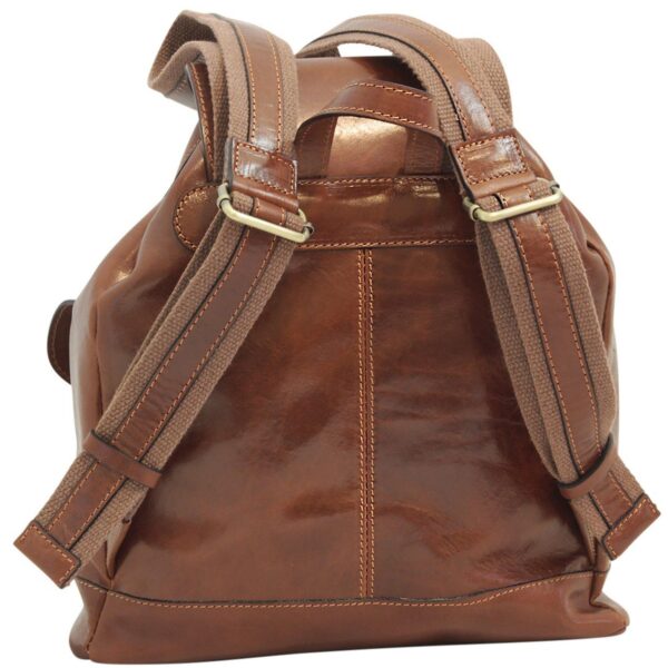 A back-view shot of a vintage-style brown leather backpack, showcasing its adjustable shoulder straps made of a combination of leather and canvas. The bag features a reinforced top handle, brass hardware, and clean vertical stitching down the center of the leather panel.