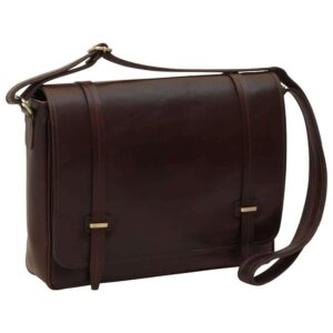 A rear view of a dark brown leather messenger bag featuring a horizontal zippered pocket with a leather pull tab and an adjustable shoulder strap with brass-toned hardware.