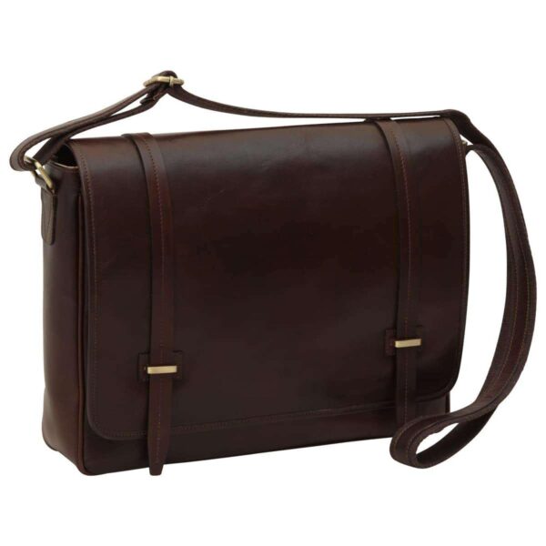 A rear view of a dark brown leather messenger bag featuring a horizontal zippered pocket with a leather pull tab and an adjustable shoulder strap with brass-toned hardware.