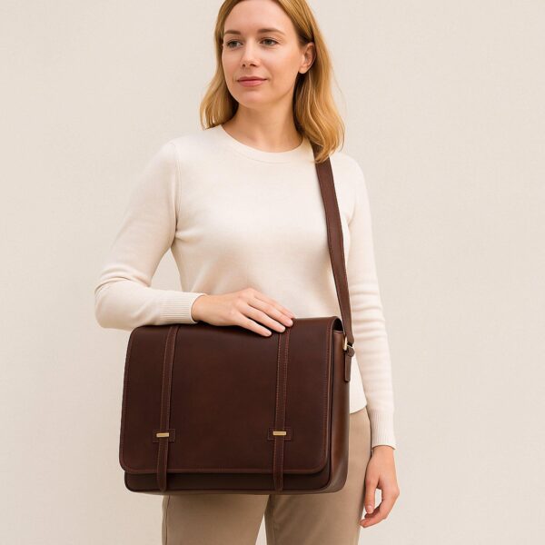 A woman with blonde hair, wearing a white long-sleeved sweater and khaki trousers, models a dark brown full-grain leather messenger bag. She is carrying the bag over her shoulder, resting her hand on the top flap, which features two vertical straps with gold-toned metal accents. The background is a clean, neutral cream color.