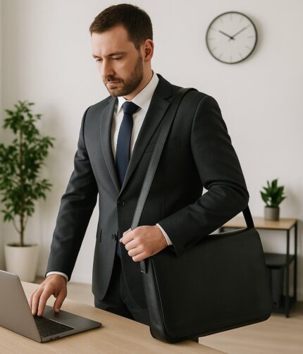 Handmade full-grain Italian leather messenger bag with padded laptop compartment and adjustable strap, ideal for professionals and students