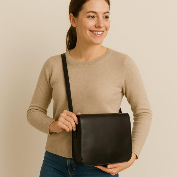 A smiling woman in a beige sweater and blue jeans wearing a sleek black leather messenger bag across her body, showcasing its clean design and medium size.