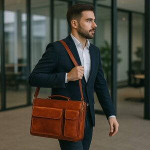 Compact Full-Grain Calfskin Leather Briefcase – Handmade Italian Laptop Bag with Shoulder Strap for Professionals and Executives